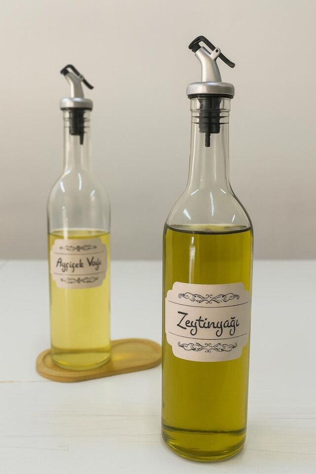 Ahşap Standlı 2'li Yağ ve Sirke Şişesi 750 ml Yağlık Zeytinyağ Sıvıyağ Şişesi Şeffaf Cam Yağdanlık