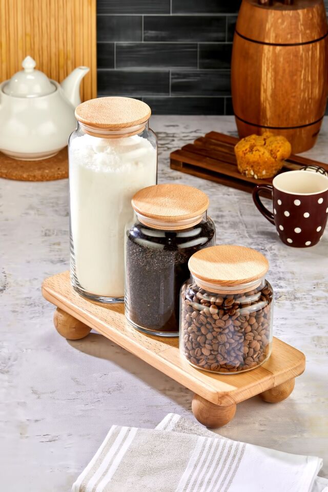 3'lü Ahşap Kapaklı Vakumlu Kavanoz Seti Stantlı Saklama Kabı 1300/800/500ML
