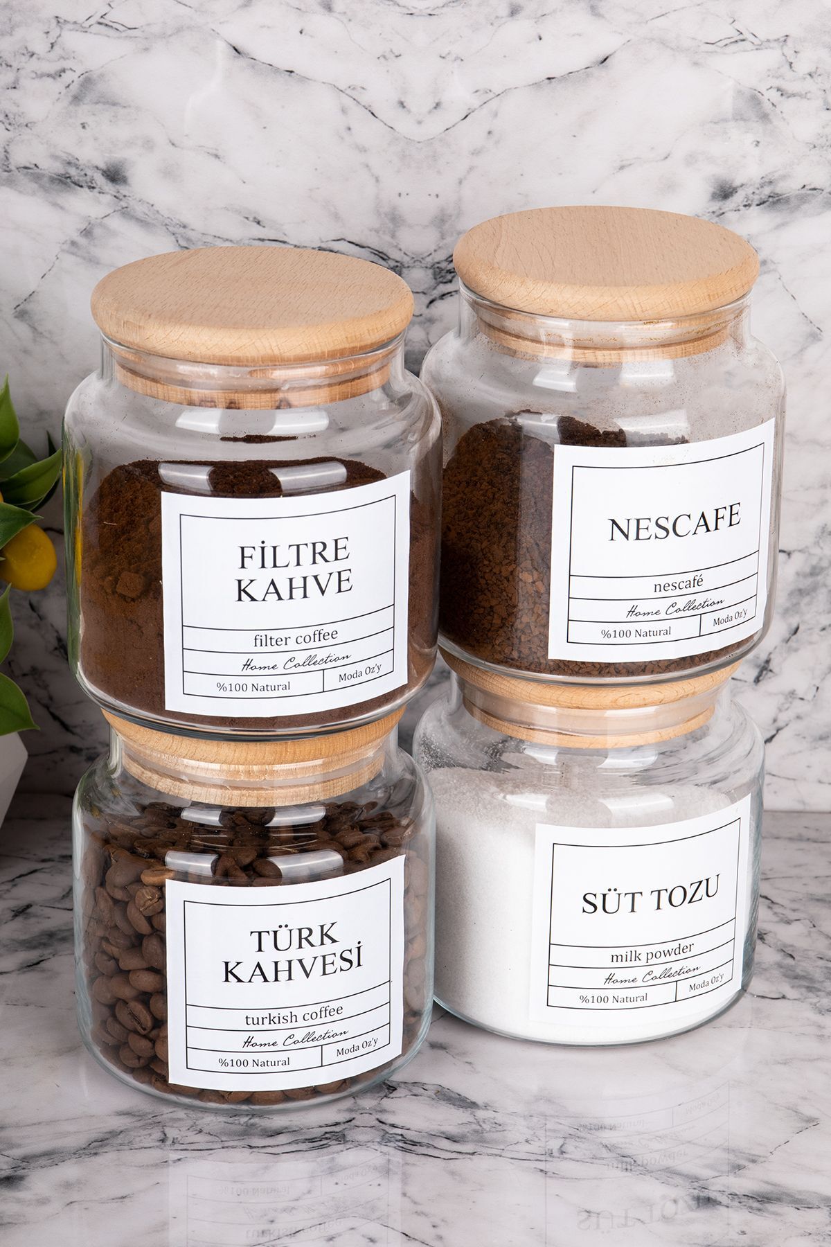 4lü 500ml Ahşap Kapaklı Filtre Kahve&Türk Kahvesi&Nescafe&Süttozu Kavanozu Etiketli Saklama Kabı Şeffaf