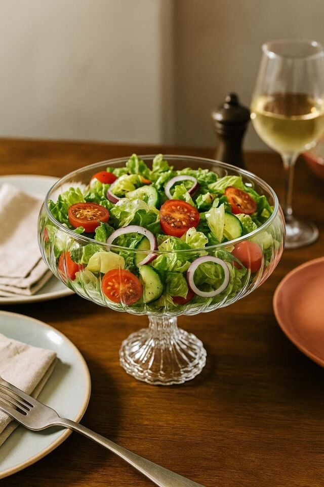 El Yapımı Ayaklı Büyük Boy Cam Salata Meyve Çerez Makarna Sunum Kasesi Şeffaf 23 cm