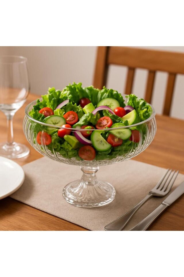 El Yapımı Ayaklı Büyük Boy Cam Salata Meyve Çerez Makarna Sunum Kasesi Şeffaf 23 cm