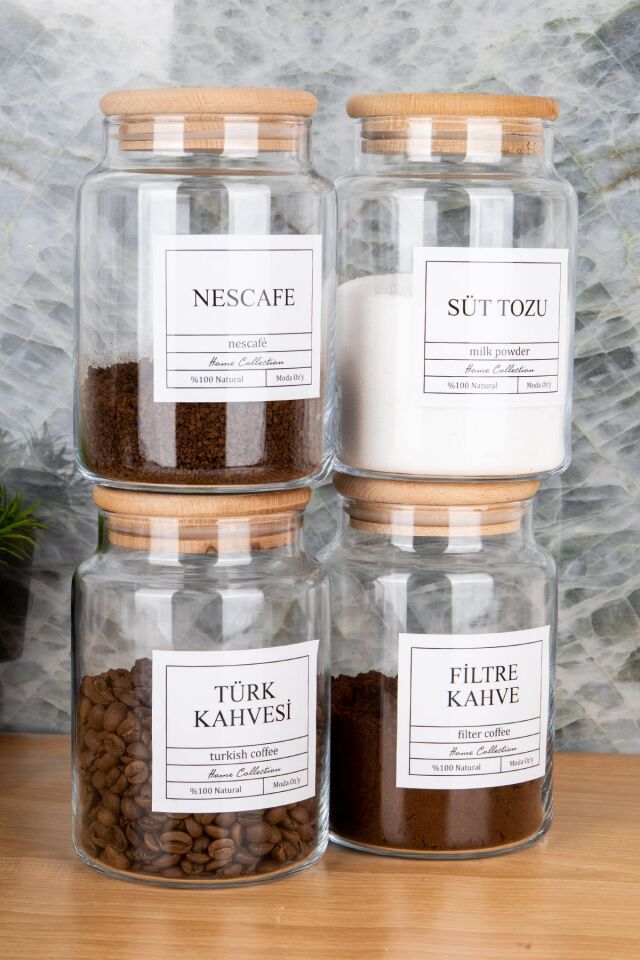 4lü 800ml Ahşap Kapaklı Türk Kahvesi&Filtre Kahve&Nescafe&Süttozu Etiketli Kavanoz Cam Saklama Kabı Şeffaf