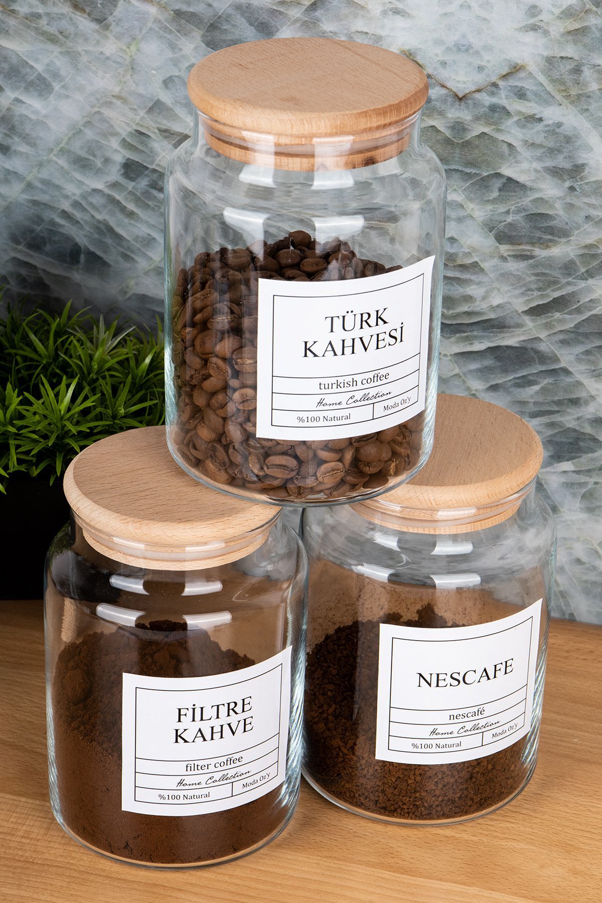 3lü 800ml Ahşap Kapaklı Nescafe&türk Kahvesi&filtre Kahve Etiketli Cam Kavanoz Saklama Kabı Şeffaf