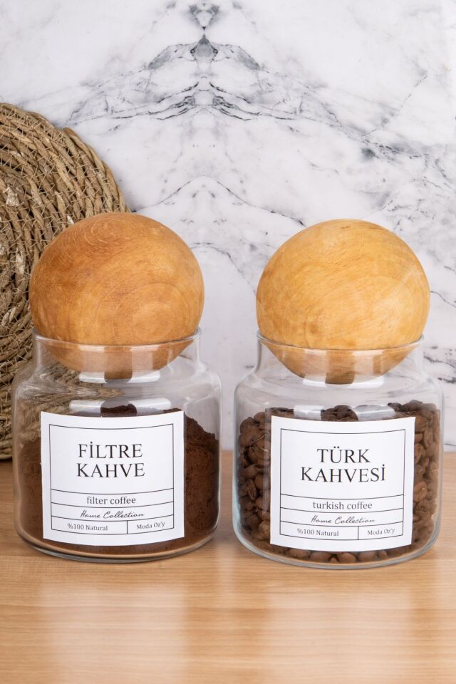 2li Top Kapaklı 500ml Türk Kahvesi & Filtre Kahve Etiketli Kavanoz Cam Saklama Kabı Şeffaf