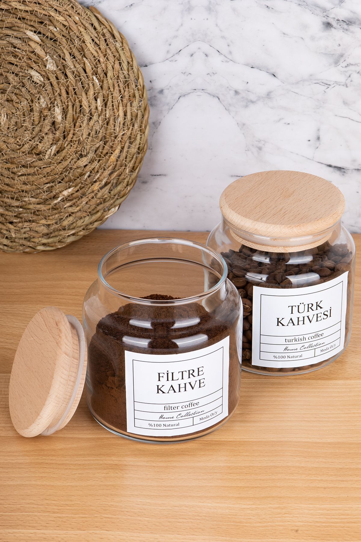 2li 500ml Ahşap Kapaklı Türk Kahvesi &Filtre Kahve Etiketli Kavanoz Cam Saklama Kabı Şeffaf