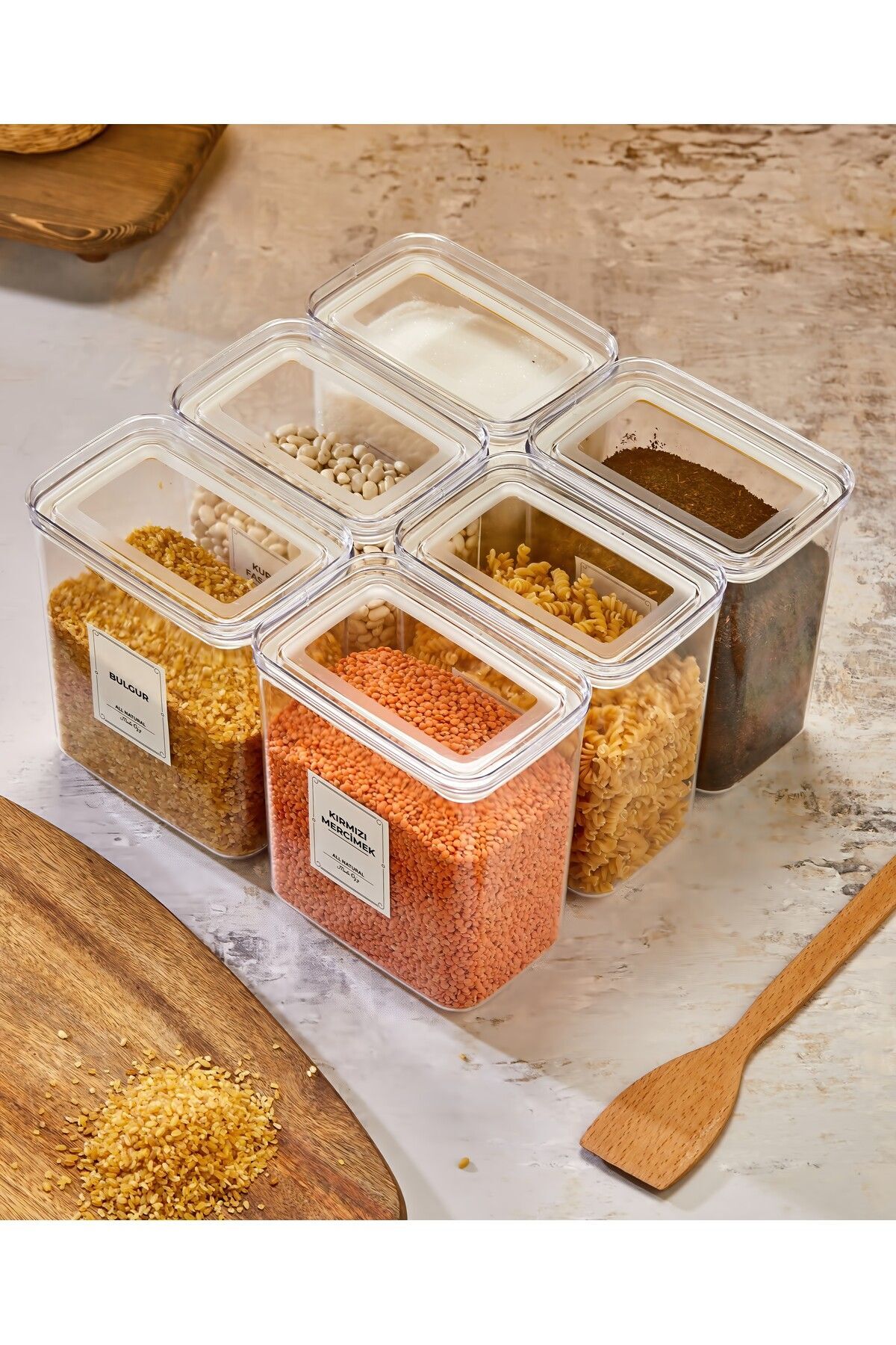 6'lı Vakum Kapaklı Bakliyat Seti Bakliyat Etiketli Saklama Kabı Erzak Kavanozu Mika 2200ml