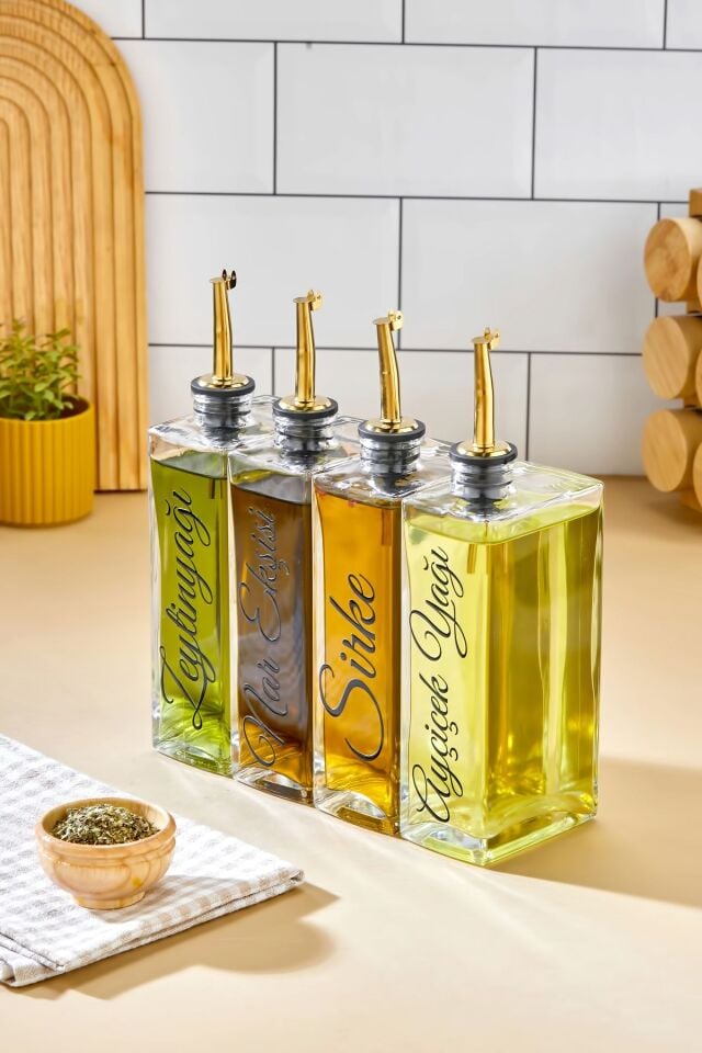 4lü 500 ml Gold Kapak Cam Zeytinyağı /Ayçiçekyağı/Nar Ekşisi /Sirke Transfer Etiketli Yağdanlık