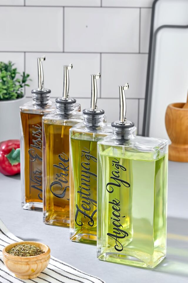 4lü 500 ml Gümüş Kapak Cam Zeytinyağı /Ayçiçekyağı/Nar Ekşisi /Sirke Transfer Etiketli Yağdanlık