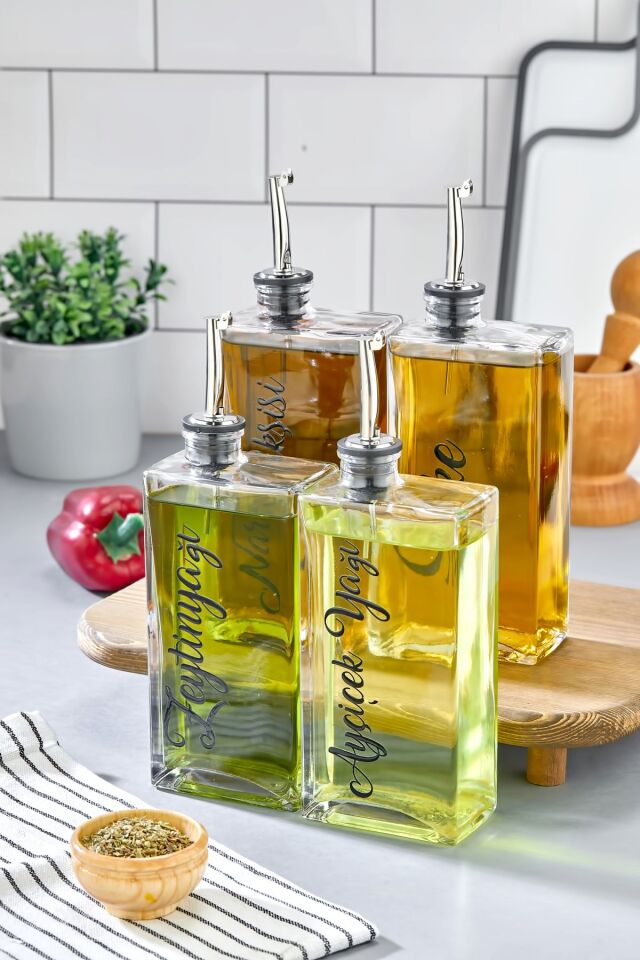 4lü 500 ml Gümüş Kapak Cam Zeytinyağı /Ayçiçekyağı/Nar Ekşisi /Sirke Transfer Etiketli Yağdanlık