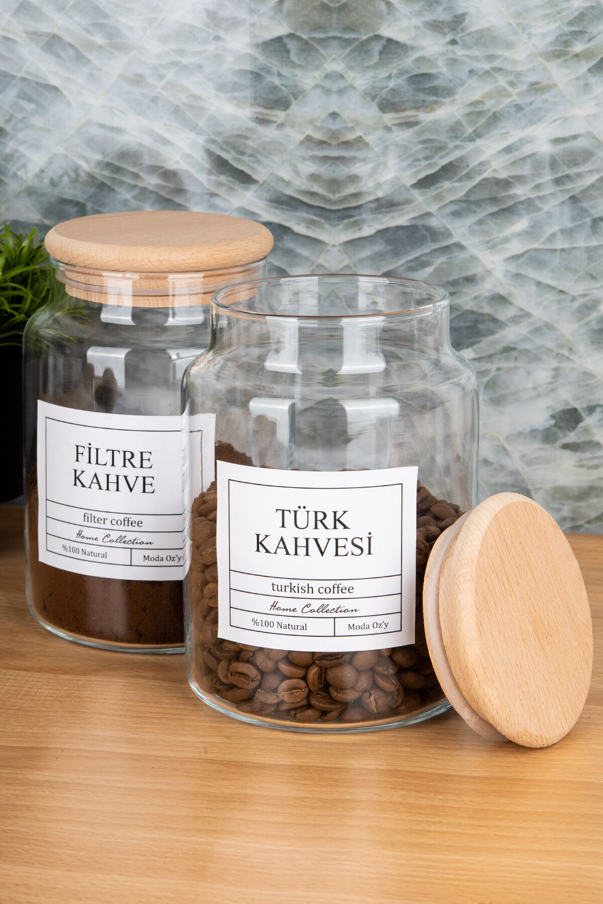 2li 800ml Ahşap Kapaklı Filtre Kahve &Türk Kahvesi Kavanozu Vakumlu Saklama Kabı (Etiket Dahildir) Şeffaf