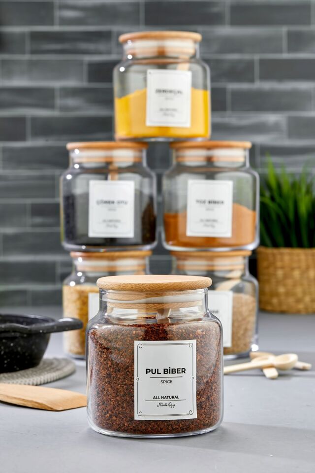 Ahşap Kapaklı Etiketli 500 ml 6 Adet Kavanoz Ve 6 Adet Mini Baharat Kaşığı 12 Parça Baharat Seti
