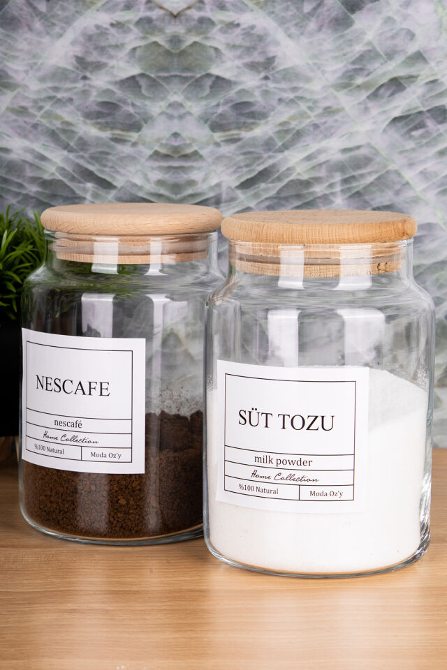 2li 800ml Ahşap Kapaklı Nescafe&Süt Tozu Kavanozu Vakumlu Saklama Kabı (Etiket Dahildir) Şeffaf