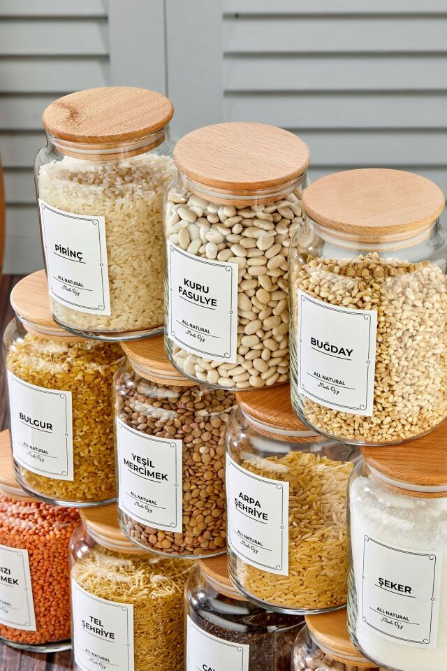 Etiketli , 12'li Vakumlu Kapaklı 900ml Kavanoz Takımı / Bakliyat Seti