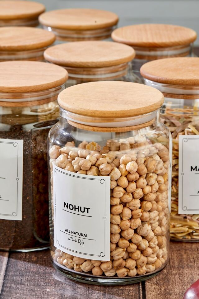 6'lı Ahşap Kapaklı Vakumlu Cam Kavanoz Bakliyat Takımı 900 ml