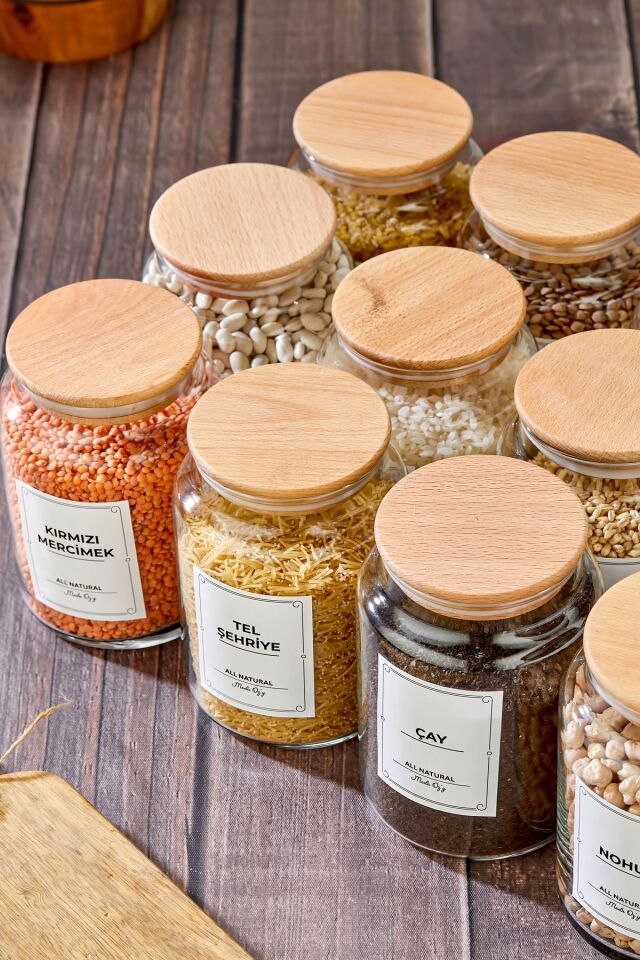 6'lı Ahşap Kapaklı Vakumlu Cam Kavanoz Bakliyat Takımı 900 ml