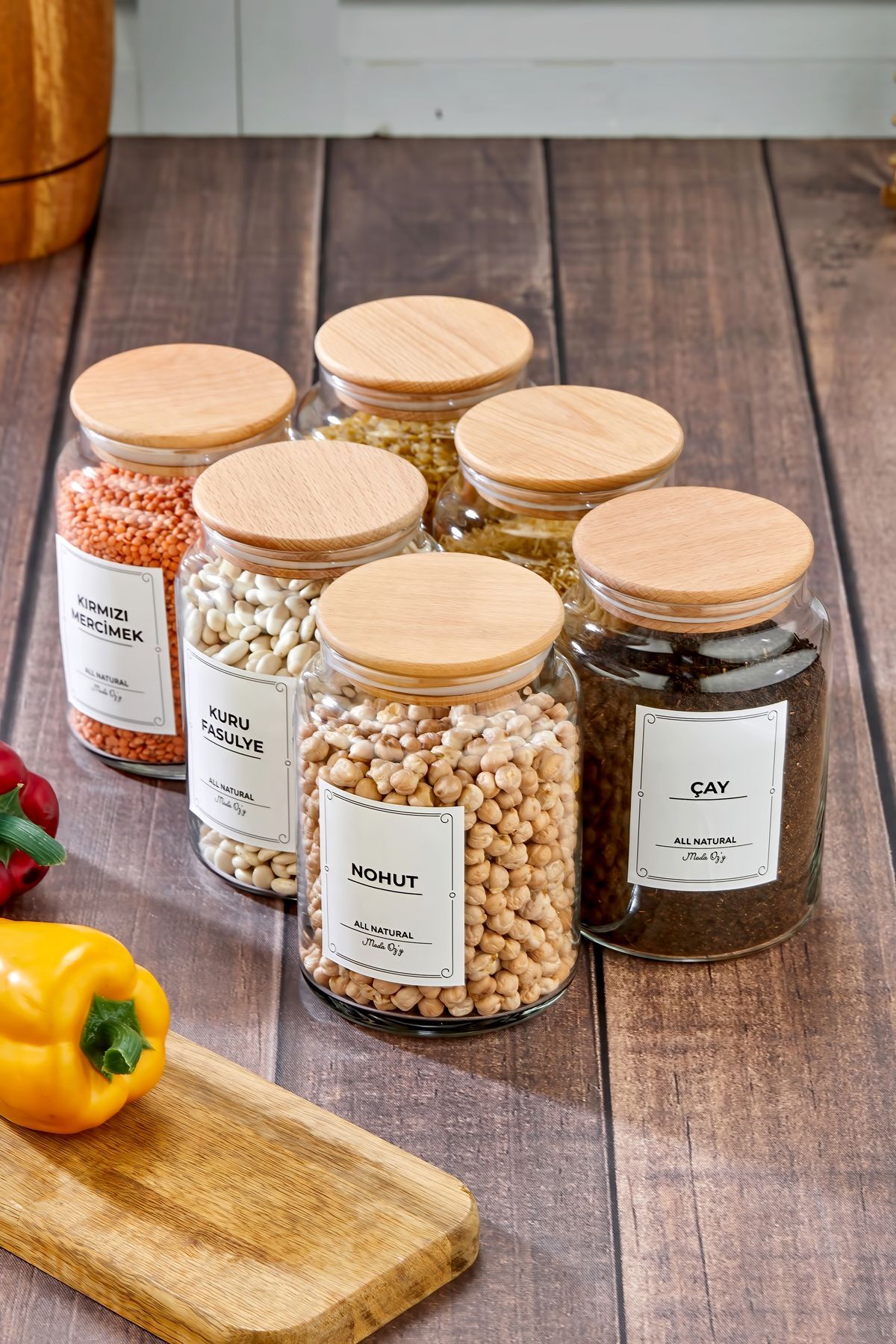 6'lı Ahşap Kapaklı Vakumlu Cam Kavanoz Bakliyat Takımı 900 ml