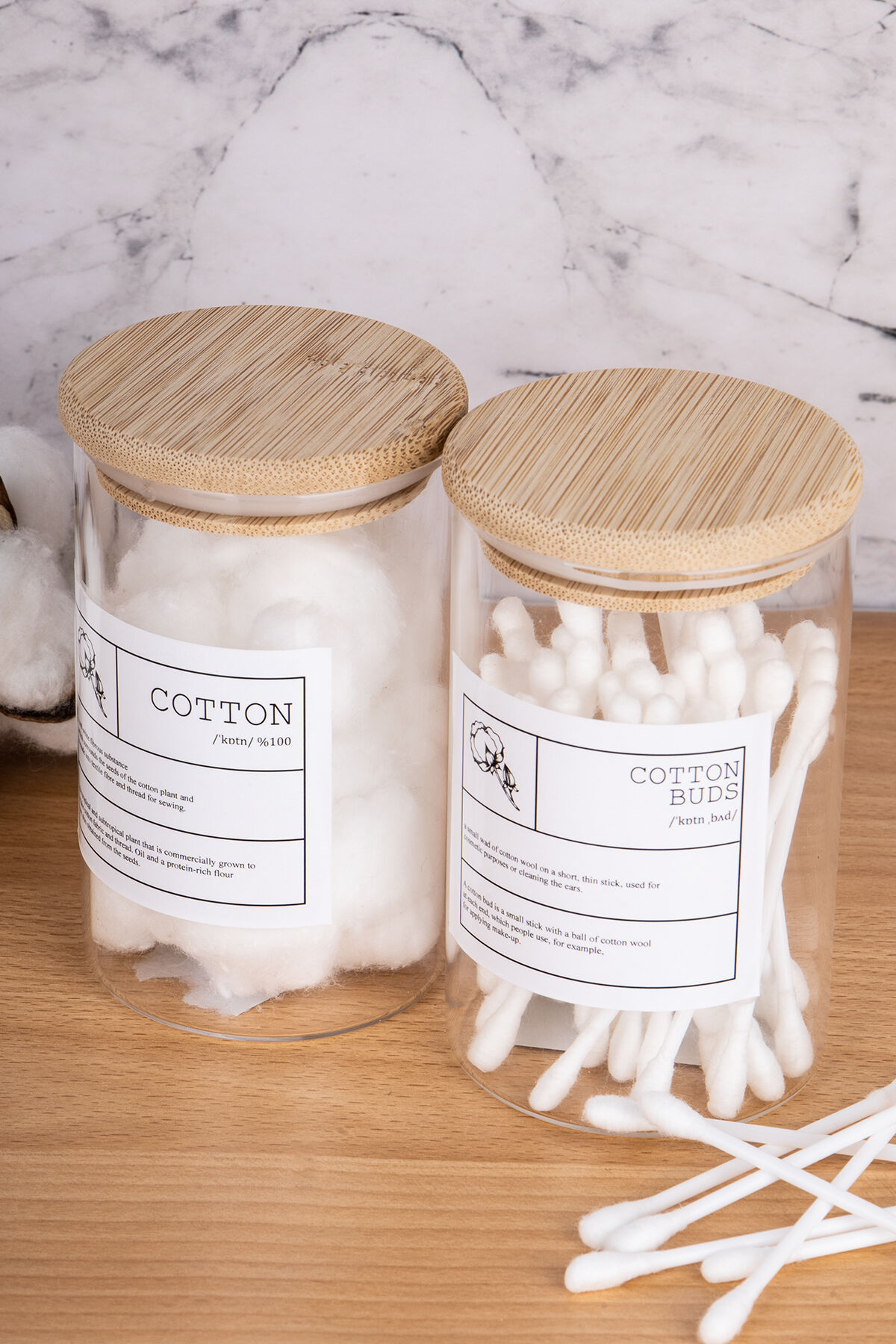 2li 250ml Bambu Kapaklı Pamuk/Kulak Pamuğu Kavanozu Cam Banyo Düzenleyici Şeffaf