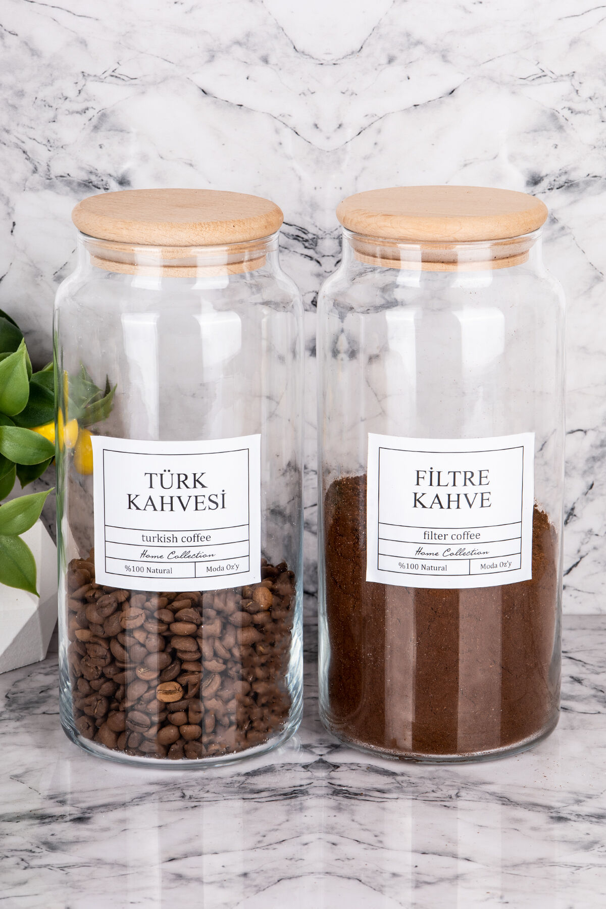 2li Ahşap Kapaklı Vakumlu 1300ml Filtre Kahve & Türk Kahvesi Kavanozu (Etiket Dahildir) Şeffaf
