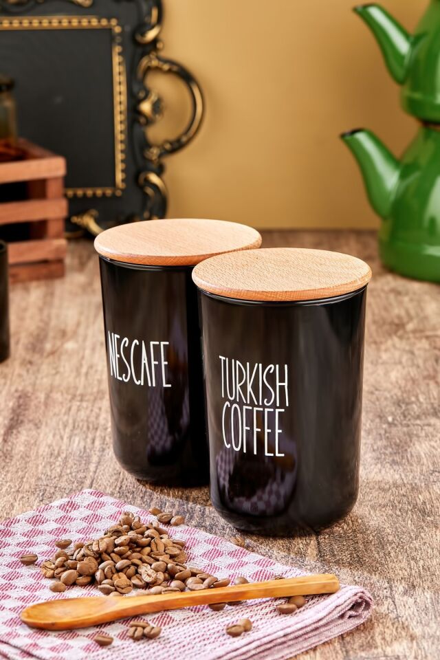 2'li Ahşap Vakum Kapaklı Transfer Etiketli Turkıshcoffe/Nescafe Akrilik(PLASTİK) Kavanoz 900ml