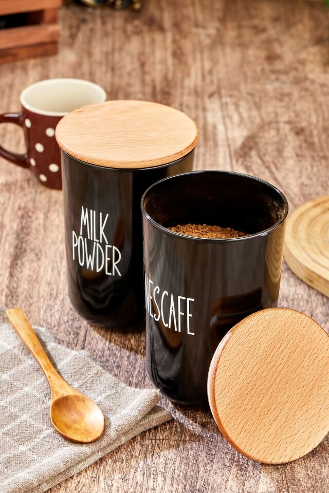 2'li Ahşap Vakum Kapaklı Transfer Etiketli Nescafe/milkpowder Akrilik(PLASTİK) Kavanoz 900ml