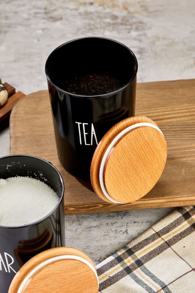2'li Ahşap Vakum Kapaklı Transfer Etiketli Tea/Sugar Akrilik (Plastik) Kavanoz 900ml