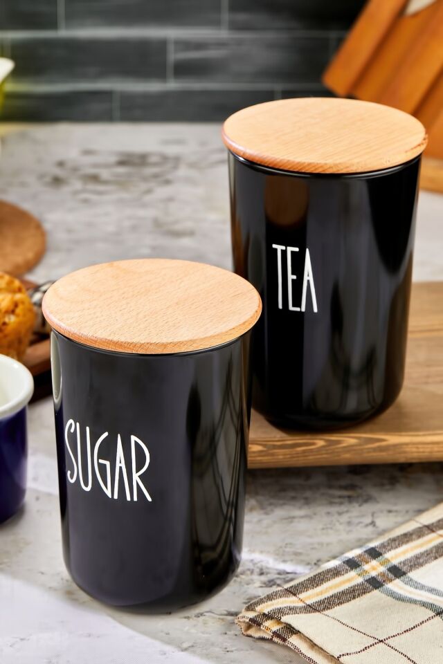 2'li Ahşap Vakum Kapaklı Transfer Etiketli Tea/Sugar Akrilik (Plastik) Kavanoz 900ml