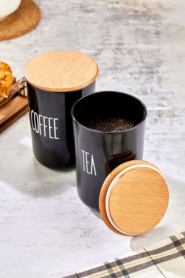 2'li Ahşap Vakum Kapaklı Transfer Etiketli Tea/Coffe Akrilik (Plastik)Kavanoz 900ml