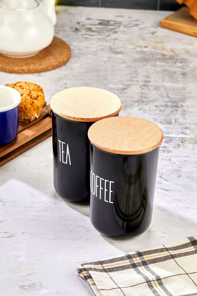 2'li Ahşap Vakum Kapaklı Transfer Etiketli Tea/Coffe Akrilik (Plastik)Kavanoz 900ml
