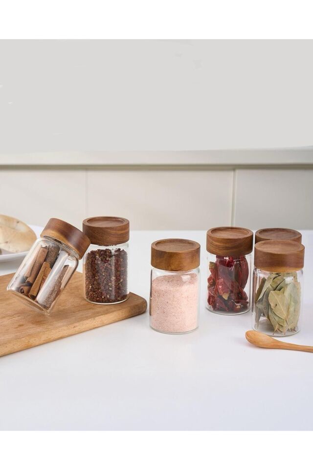 6'lı Akasya Kapaklı Cam Baharat Kavanozu Etiketli Baharat Seti 240ml