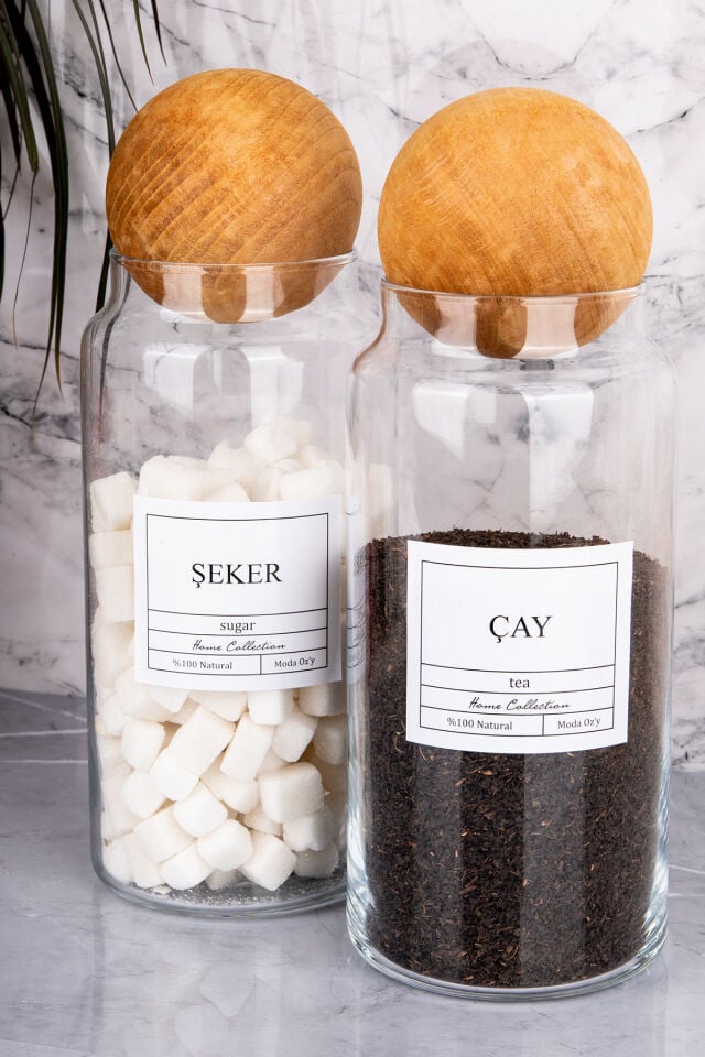 2li 1300ml Ahşap Top Kapaklı Cam Kavanoz Çay&Şeker Saklama Kabı Şeffaf