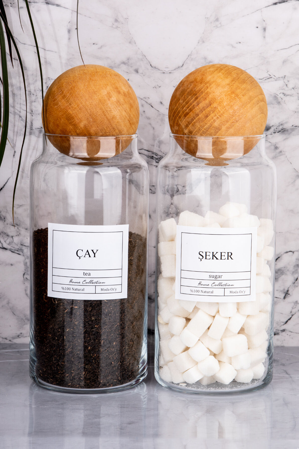 2li 1300ml Ahşap Top Kapaklı Cam Kavanoz Çay&Şeker Saklama Kabı Şeffaf