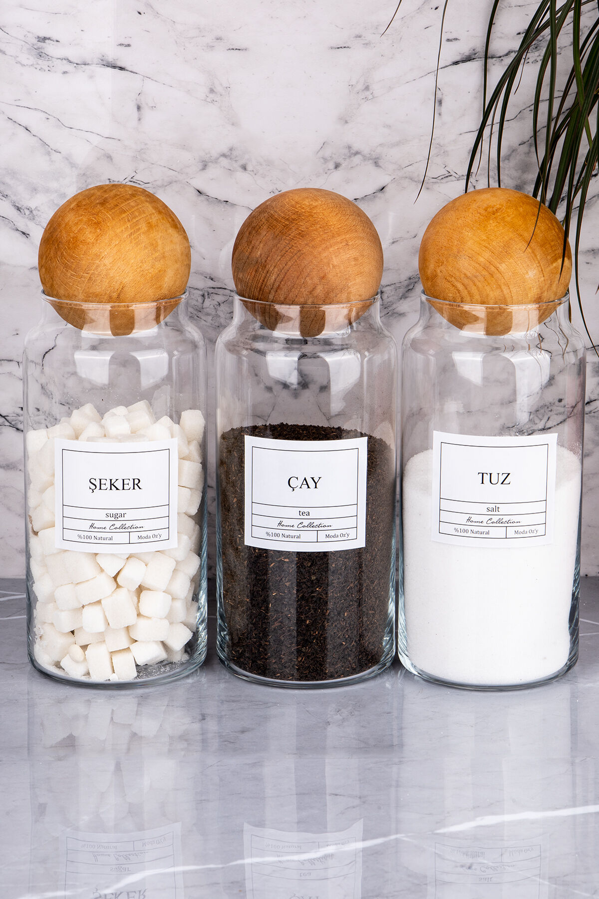 3'lü Top Kapaklı Çay & Şeker & Tuz Kavanozu 1300Ml Saklama Kabı (Suya Dayanıklı Etiket) Şeffaf