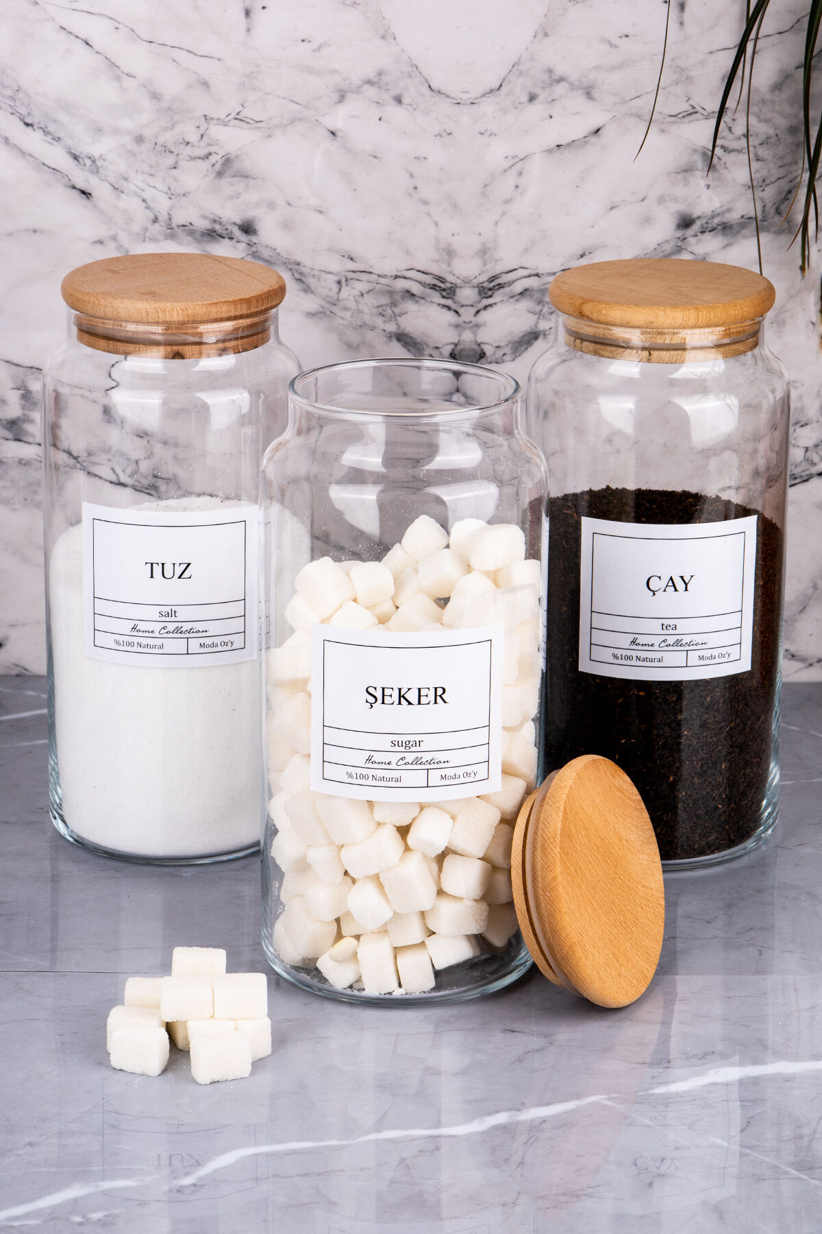 3'lü Ahşap Kapaklı Vakumlu Çay&Şeker&Tuz Kavanozu 1300Ml Saklama Kabı Şeffaf