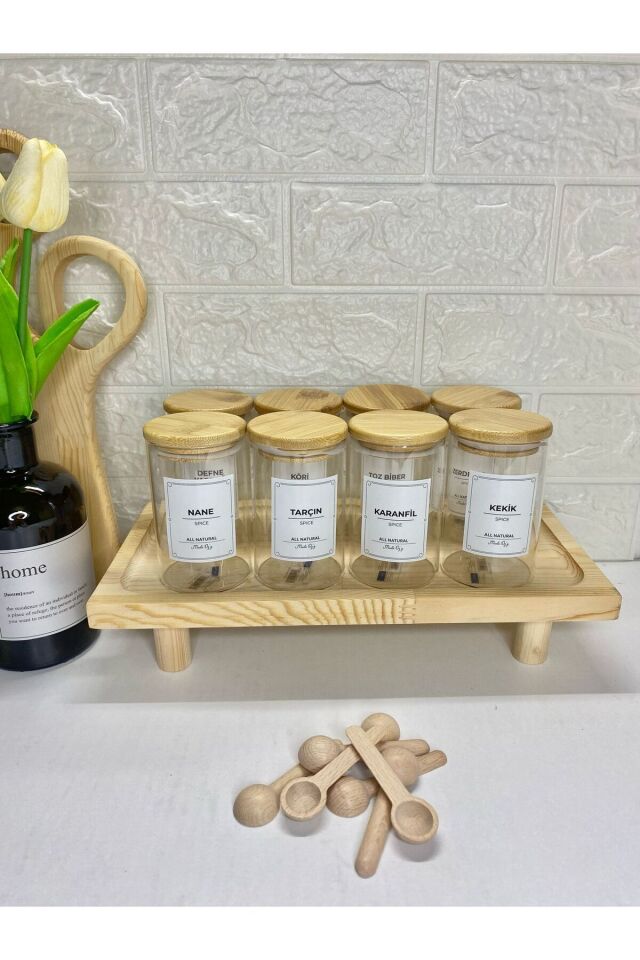 8'li 250 ml Bambu  Kapaklı Ahşap Stantlı Cam Baharatlık, Etiketli Saklama Kavanozu (Kaşık Dahil)