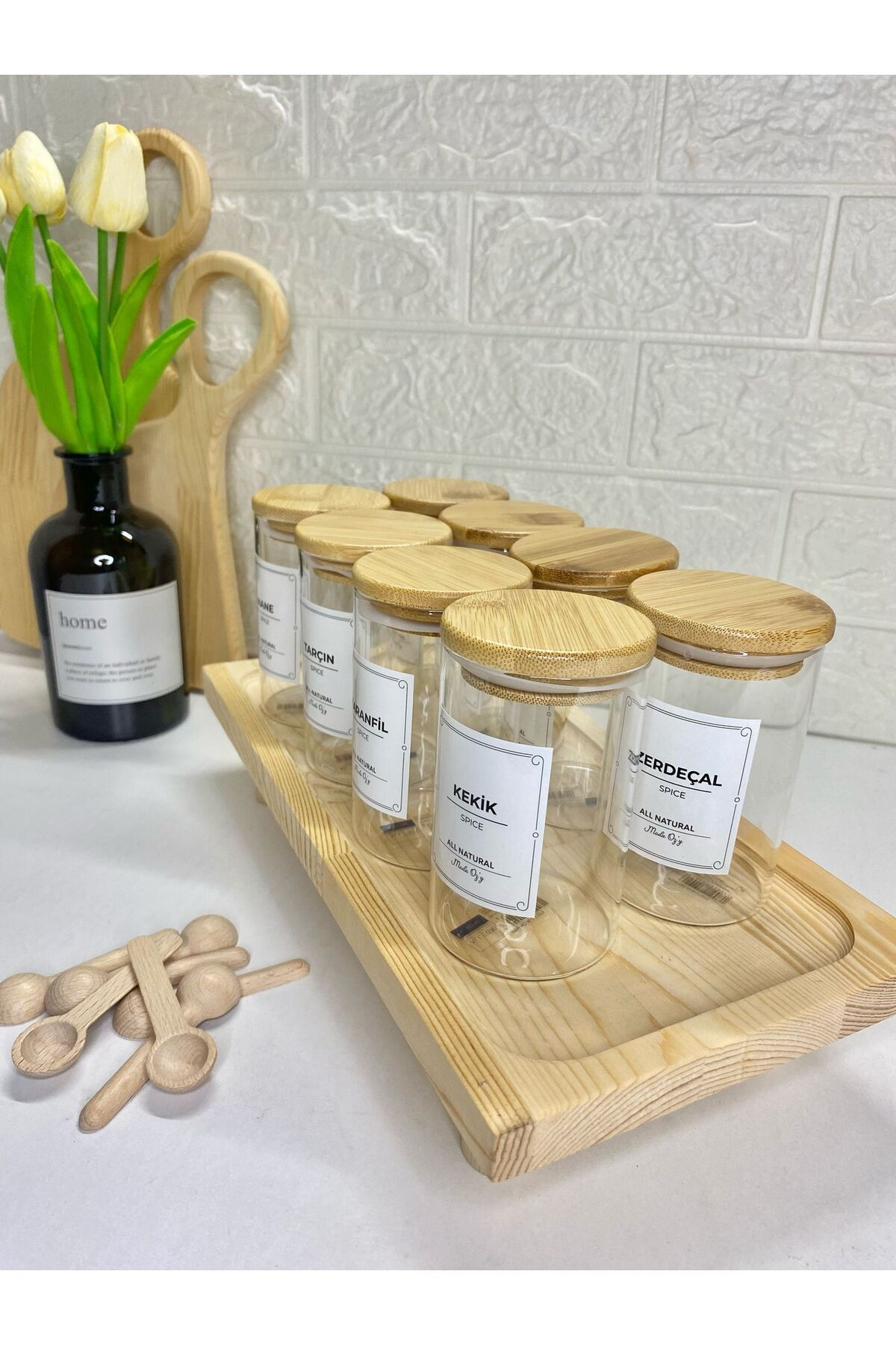 8'li 250 ml Bambu  Kapaklı Ahşap Stantlı Cam Baharatlık, Etiketli Saklama Kavanozu (Kaşık Dahil)