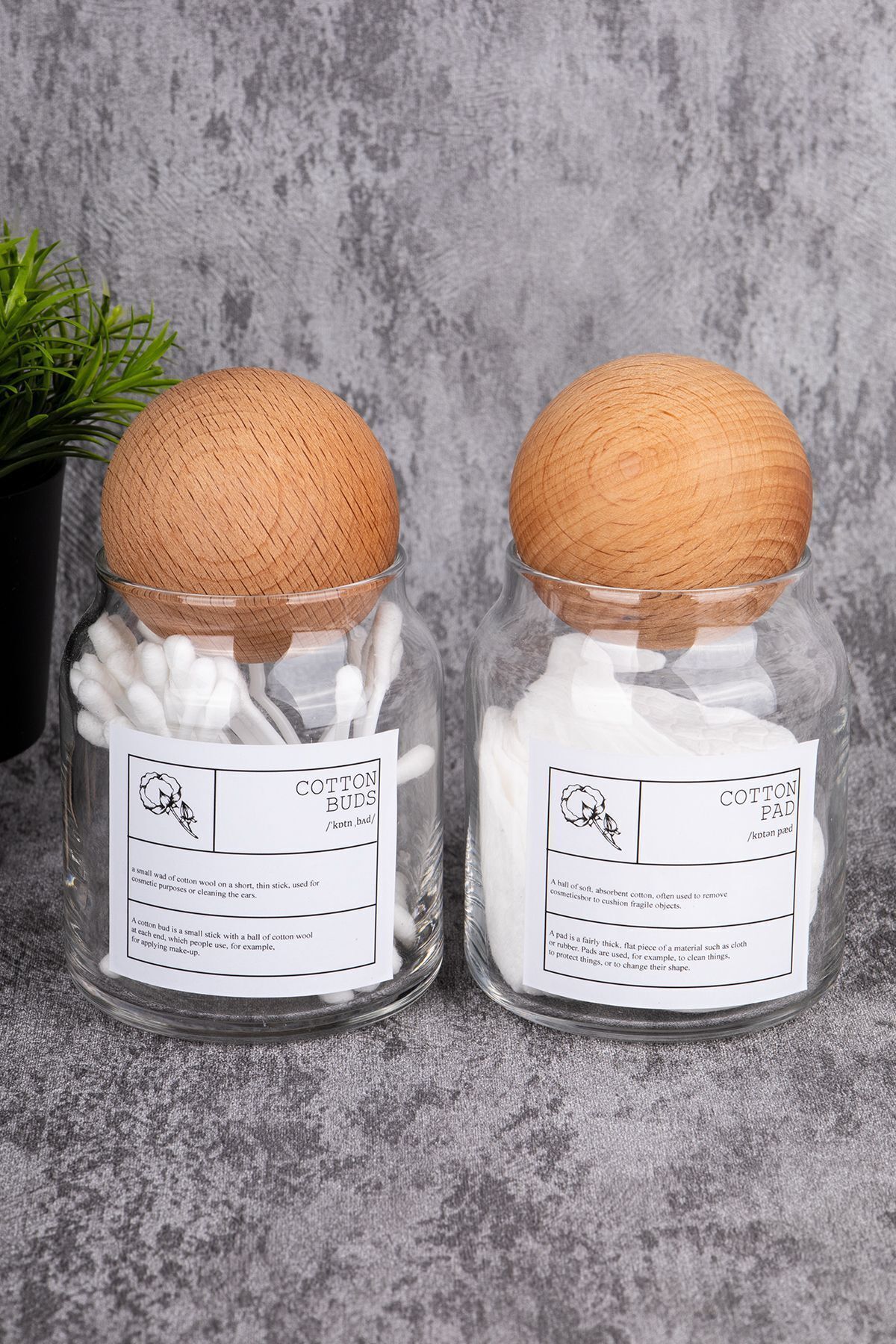 2'li Ahşap Top Kapaklı Kulak Pamuğu & Makyaj Pamuğu Organizatörü 300 Ml Kavanoz Pamukluk Şeffaf