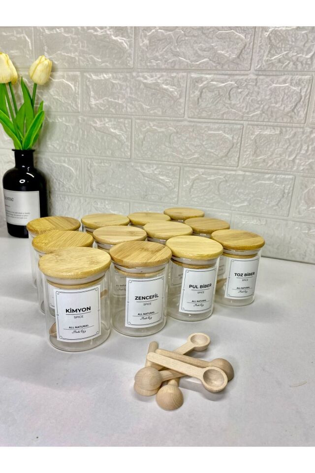12'li Etiketli 200 ml Bambu Vakum Kapaklı Borosilikat Cam Baharatlık Saklama Kabı Seti(Kaşık Dahil