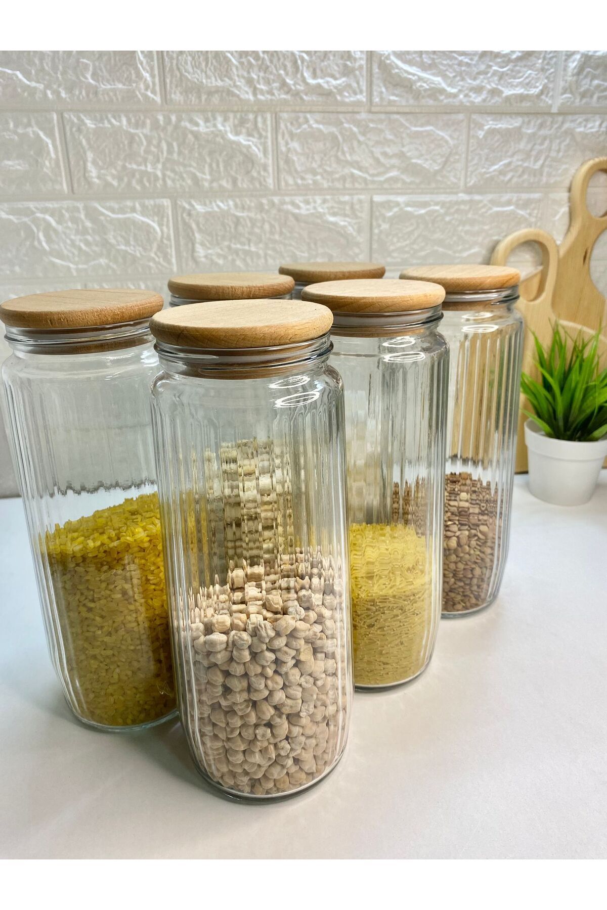 6'lı Cam Kavanoz Seti Vakum Kapaklı Büyük Boy Erzak Bakliyat Seti 1500 ml