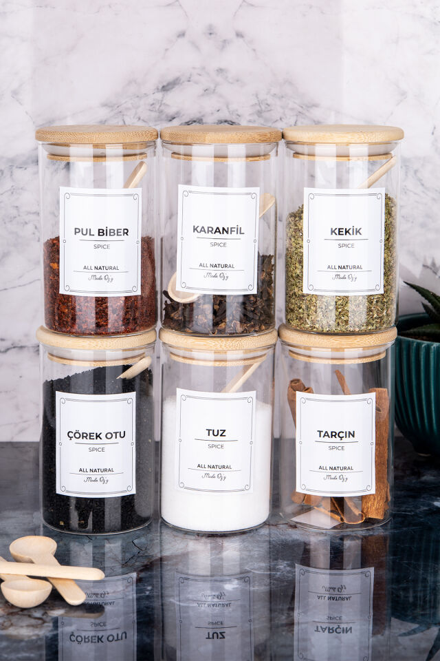 6'lı 250 Ml Bambu  Vakum Kapaklı Kaşıklı Borosilikat Baharat Takımı (Etiket Hediyeli)