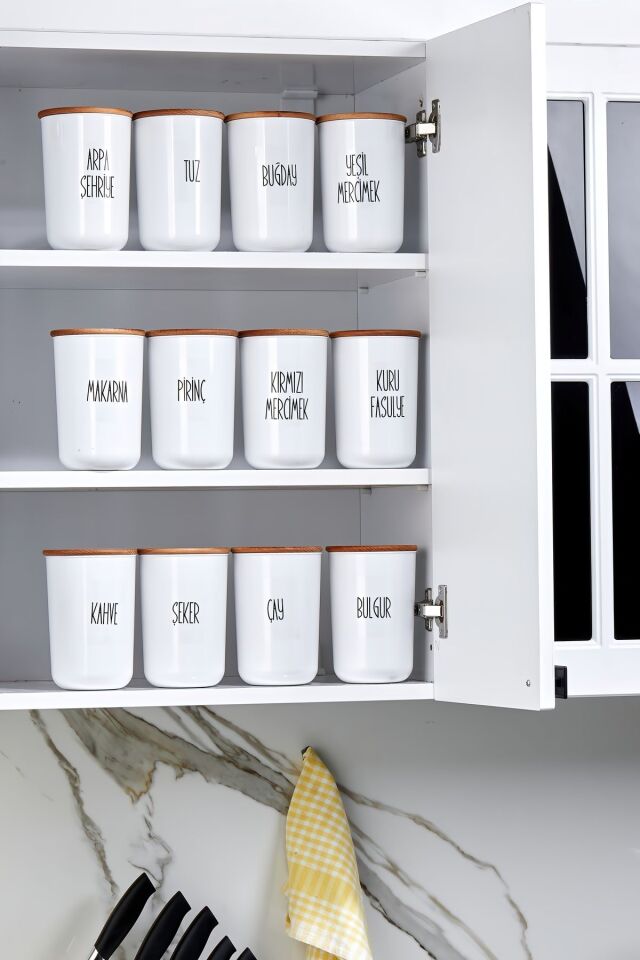12'li 900ml Akrilik (PLASTİK) Kavanoz Ahşap Vakum Kapaklı Şeffaf Etiketli Saklama Kabı
