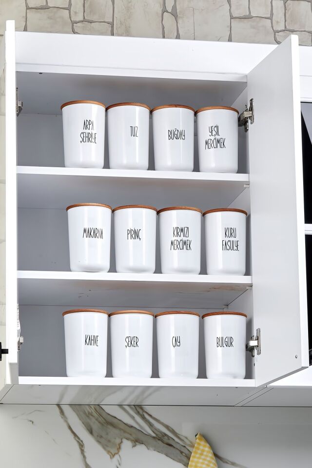 12'li 900ml Akrilik (PLASTİK) Kavanoz Ahşap Vakum Kapaklı Şeffaf Etiketli Saklama Kabı