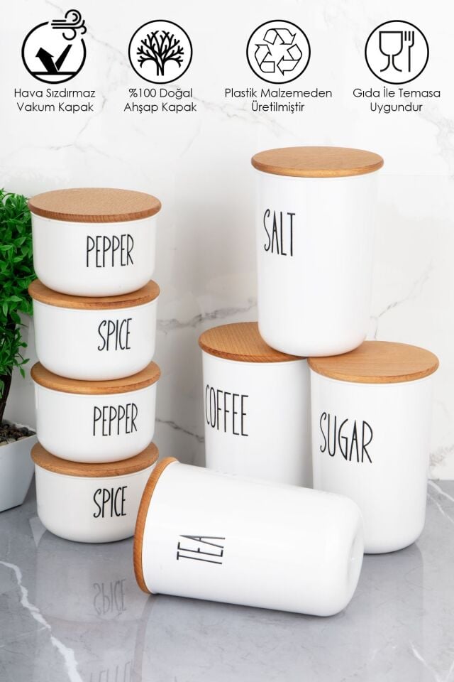 8'li Ahşap Kapaklı Vakumlu Transfer Etiketli Kavanoz Seti 900/400ml Akrilik(PLASTİK) Kavanoz