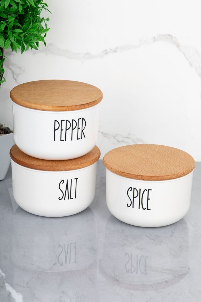 3'lü Ahşap Kapaklı Vakumlu Transfer Etiketli Tuz/biber/baharat Seti 400ml Akrilik (PLASTİK) Kavanoz