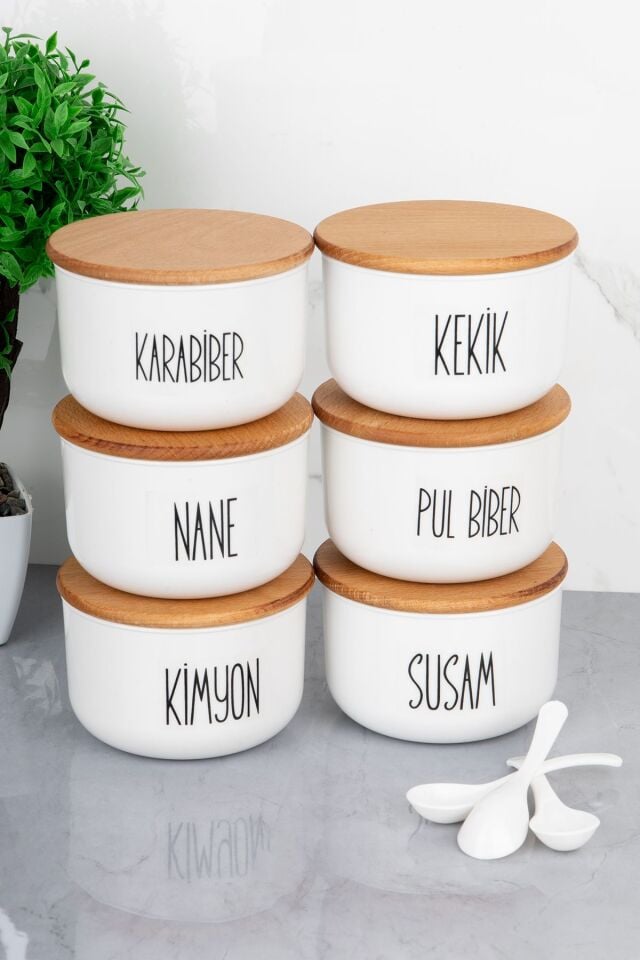 6'lı 400ml Vakumlu Ahşap Kapaklı Akrilik (PLASTİK) Baharatlık Seti Şeffaf Etiket Kaşık Hediyeli