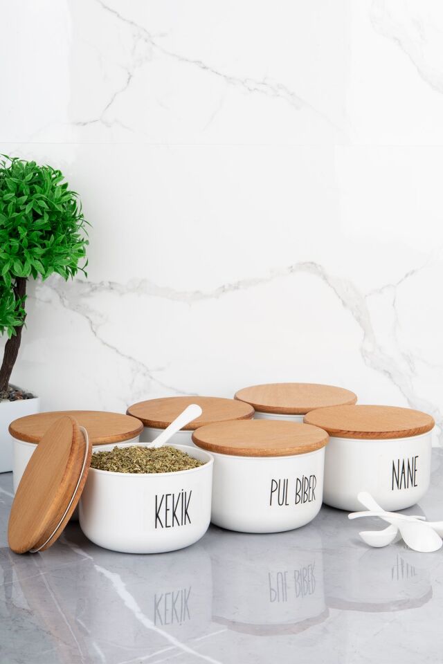 6'lı 400ml Vakumlu Ahşap Kapaklı Akrilik (PLASTİK) Baharatlık Seti Şeffaf Etiket Kaşık Hediyeli