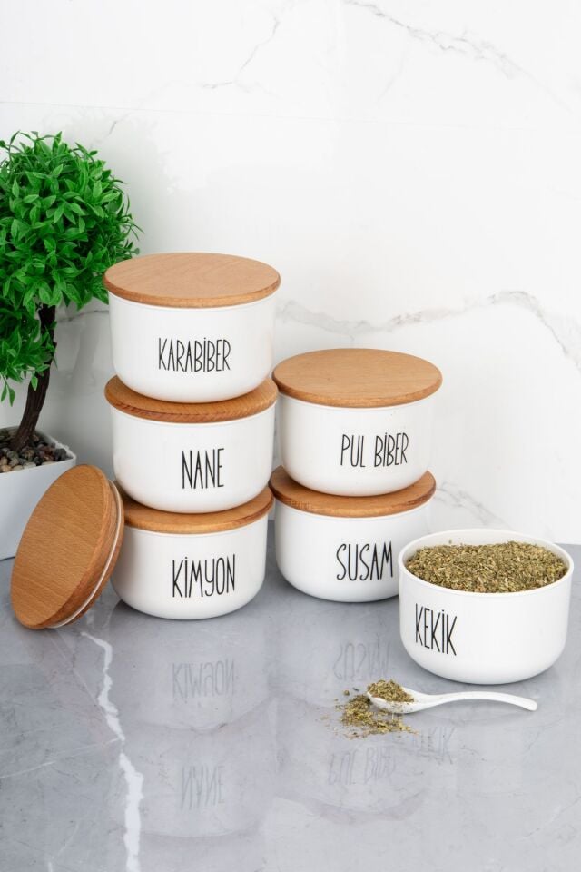 6'lı 400ml Vakumlu Ahşap Kapaklı Akrilik (PLASTİK) Baharatlık Seti Şeffaf Etiket Kaşık Hediyeli