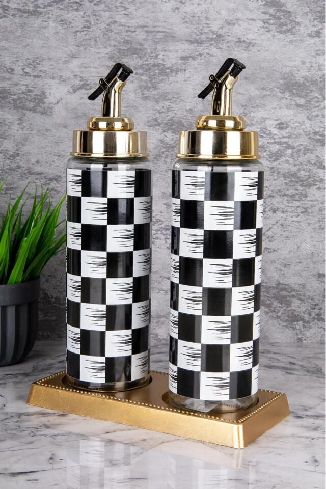 2 Adet Damalı Sızdırmaz Cam Yağlık Sirkelik 500 ml Akıllı Yağdanlık Stand Hediyeli Damalı