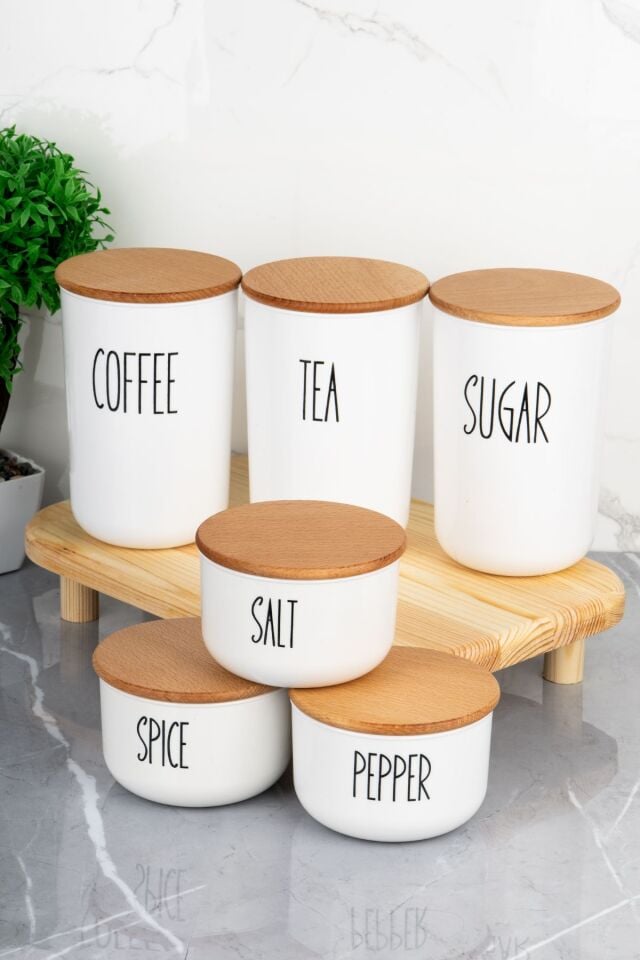 3'lü 900ml Ahşap Kapaklı Akrilik (PLASTİK) Çay/kahve/şeker 3'lü 400ml Tuz/biber/baharatlık(STANTLI)