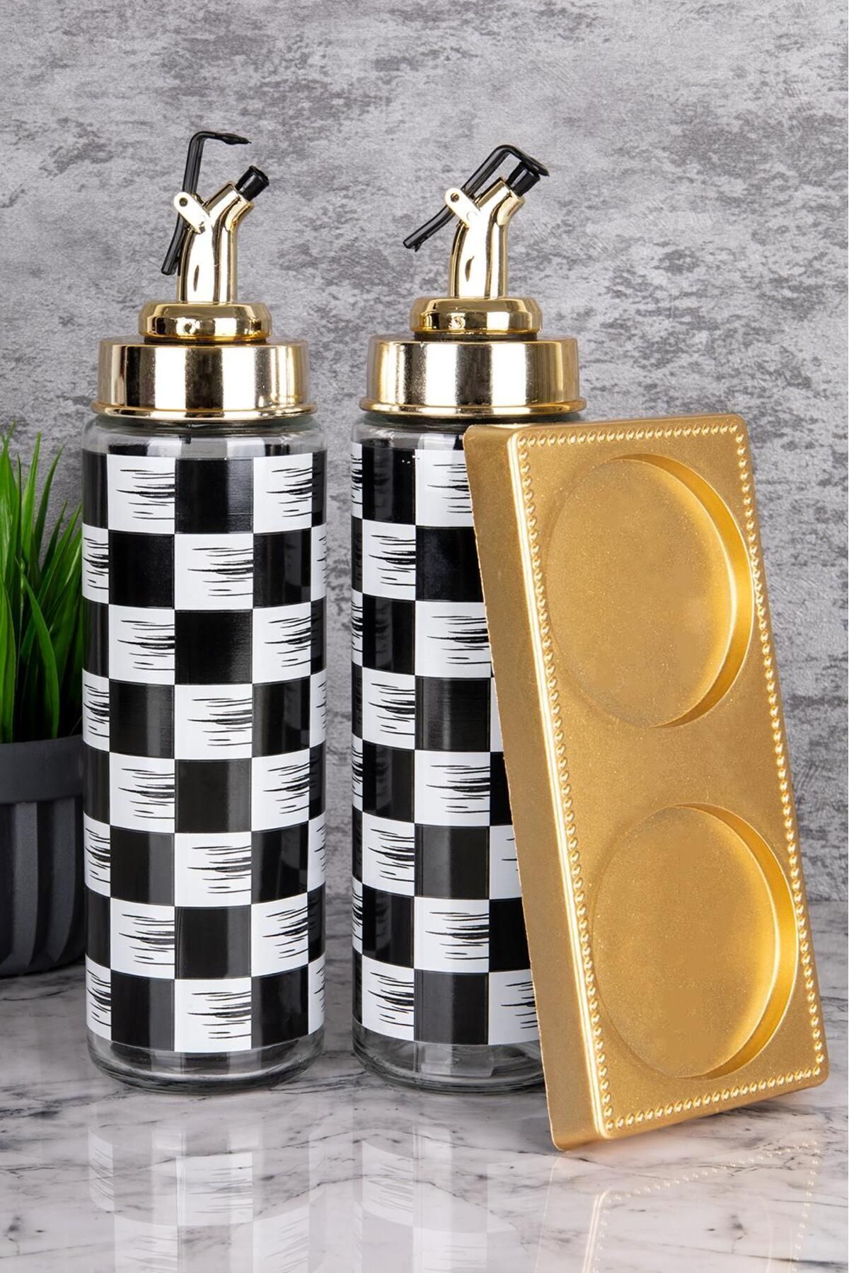 2 Adet Damalı Sızdırmaz Cam Yağlık Sirkelik 500 ml Akıllı Yağdanlık Stand Hediyeli Damalı