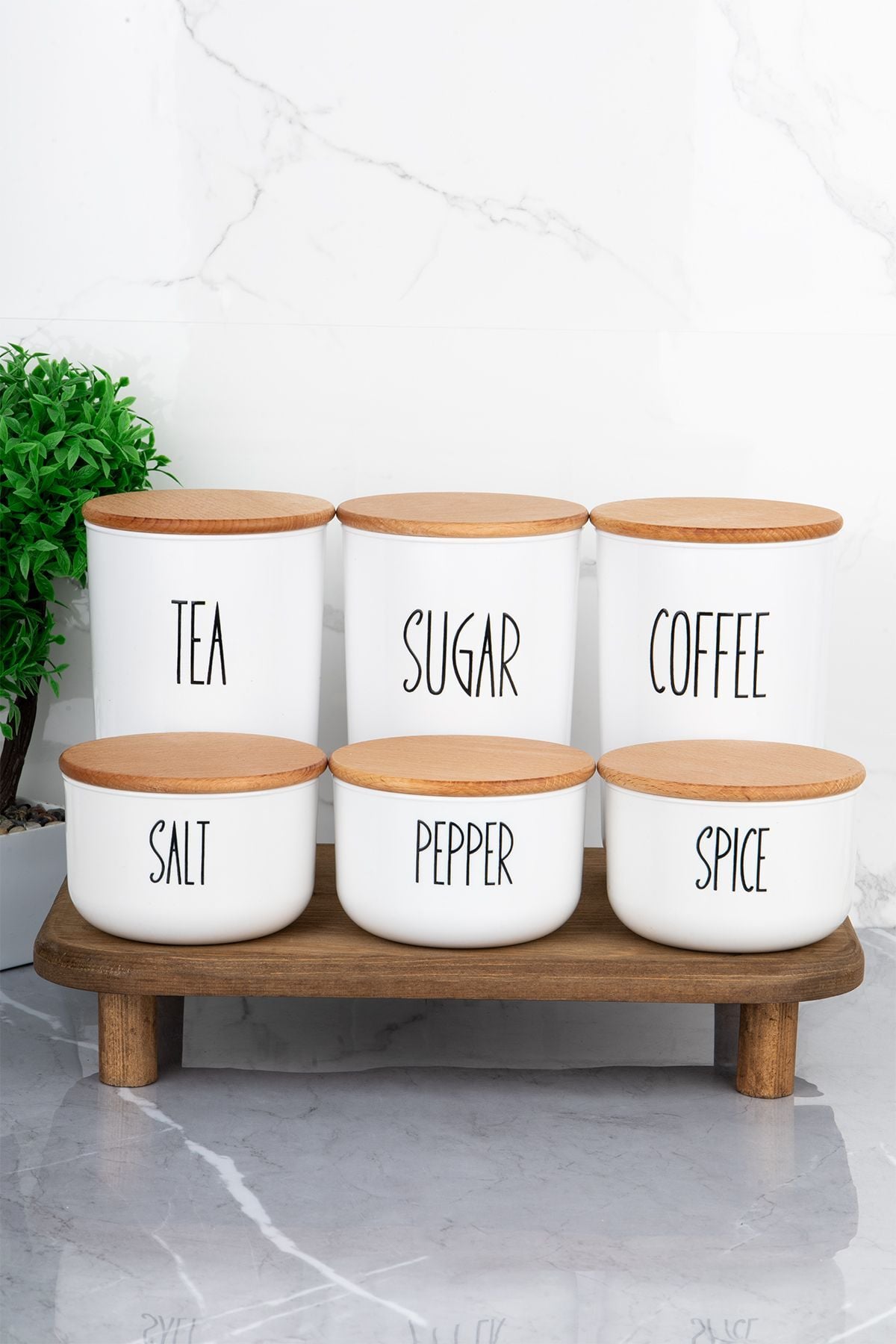 3lü 900ml Ahşap Kapak Akrilik(PLASTİK) Çay/kahve/şeker 3'lü 400 ml Tuz/biber/baharat Seti (STANTLI)